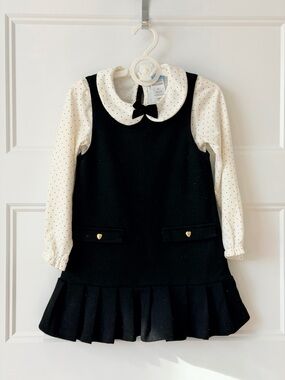 Girls Black & Cream Polka Dot Matching Set Dress - Classic Bow Collar